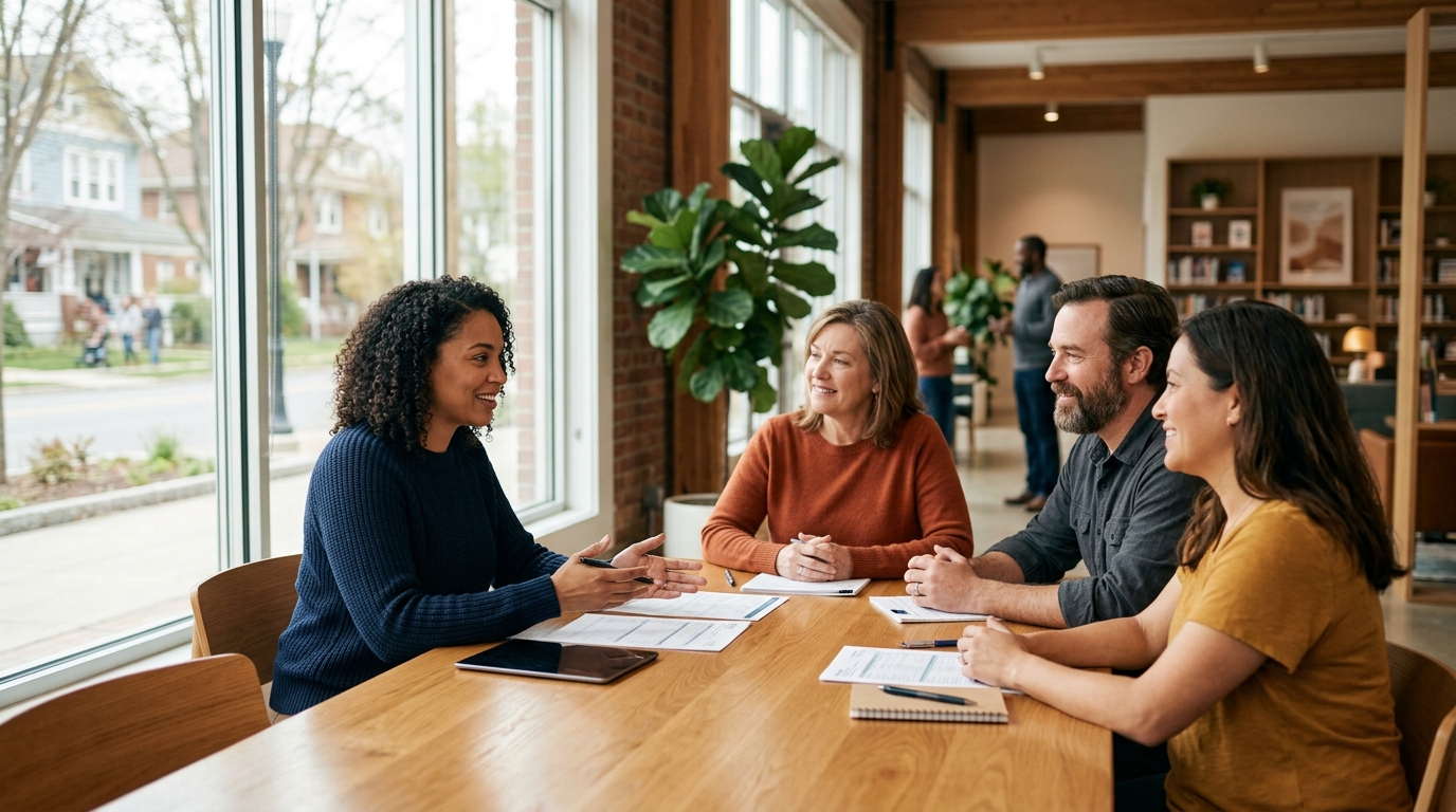 A tax expert talking with a small group at a bright community workshop