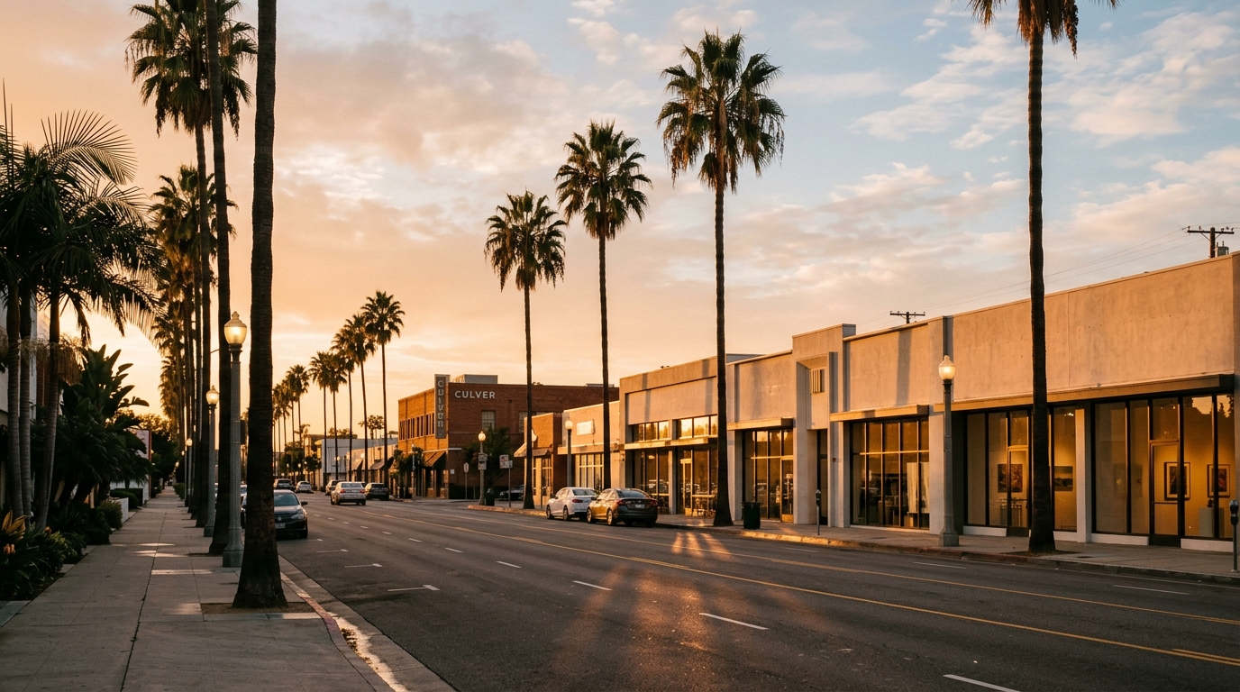 Palm-lined street near the Culver City TurboTax Hub at golden hour