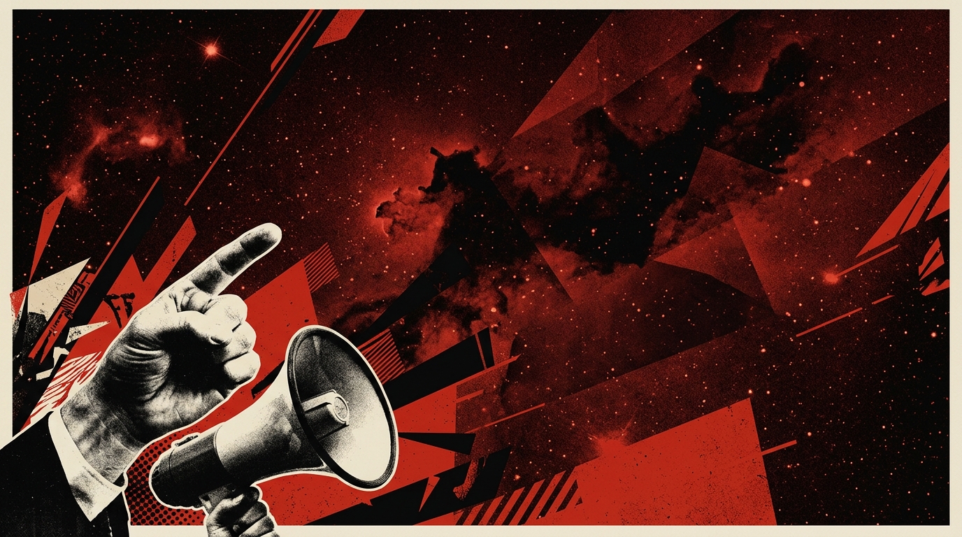 Constructivist montage of pointing hand and megaphone against geometric frames