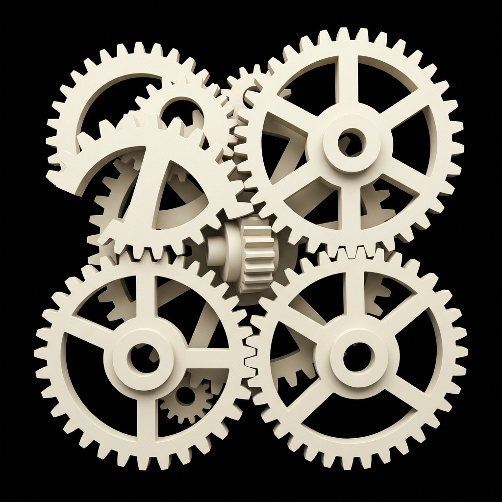 Close up of gears and complex metallic assembly